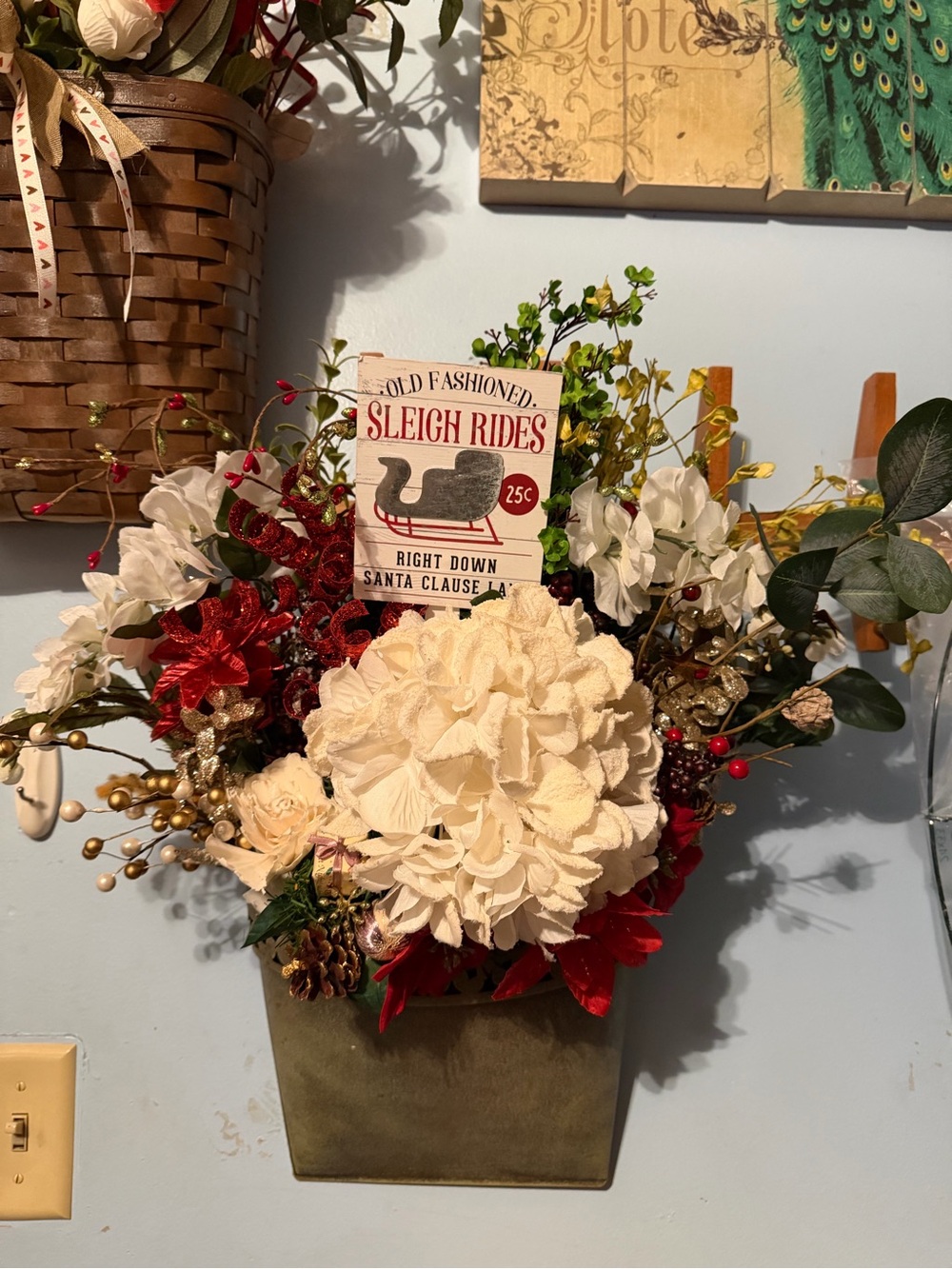 Hand Crafted White and Red Holiday Faux Floral Wall Pocket